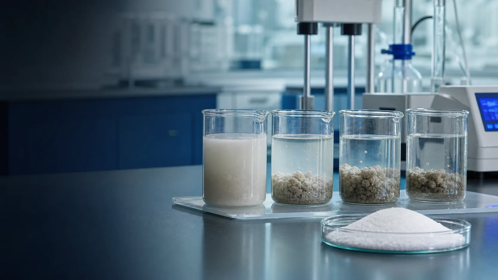 Cationic and anionic polyacrylamide flocculant samples compared in a laboratory